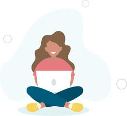 Woman with a laptop working, student or freelancer concept.flat vector illustration.