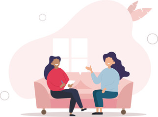 woman talking to psychologist sitting on sofa. Mental health concept,.flat vector illustration.