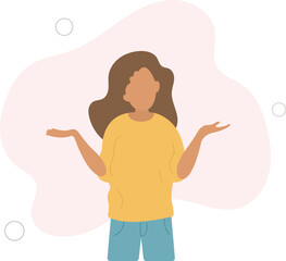 woman shrugging with a curious expression, doubt or question,.flat vector illustration.