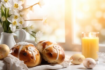 Hot cross buns with freshly squeezed juice on a table in a country cottage, Good Friday, a religious holiday. Sun rays from the window. High quality photo - obrazy, fototapety, plakaty