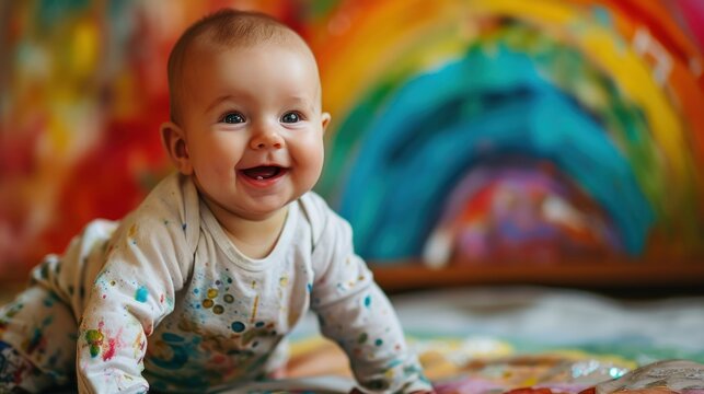 Smiling baby on a bright background of a rainbow wall. Happy childhood concept with copy space