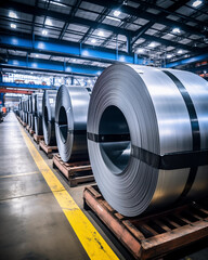 cold rolled stainless stell coils at storage area of a factory - obrazy, fototapety, plakaty