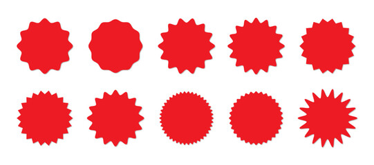 Zig-zag circle collection in red color. Circle with sharp and rounded waves edge. Sale and big set of red zig-zag circle sticker, Sale and discount template sticker. Red sale labels isolated.