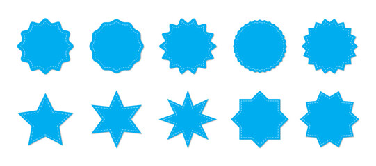 Stitched zig-zag circle collection in sky blue color. Circle with sharp and rounded waves edge. Sale and big set of blue zig-zag circle sticker, Sale and discount template sticker. Blue sale labels.