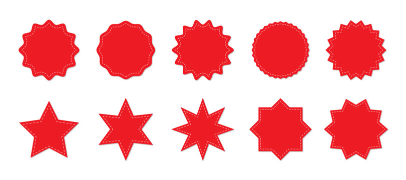 Stitched zig-zag circle collection in red color. Circle with sharp and rounded waves edge. Sale and big set of red zig-zag circle sticker, Sale and discount template sticker. Red sale labels isolated.