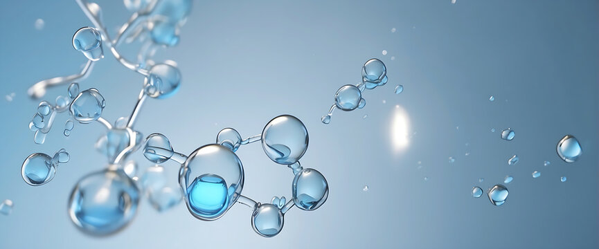 Molecule liquid bubbles floating in air on blue background. H2 Molecular Hydrogen Gas Science and Medical Background