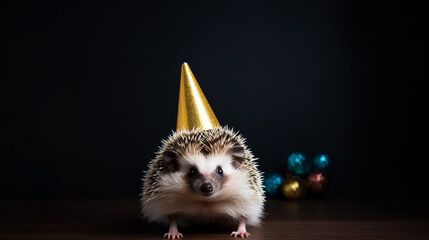 Fototapeta na wymiar happy birthday young hedgehog on a black background.