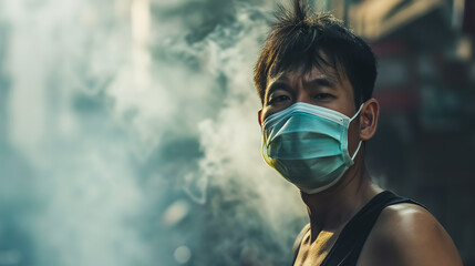Man wearing a mask in a city full of PM 2.5, AI Generative  - obrazy, fototapety, plakaty