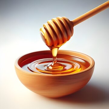 3D illustration of honey dripping into a wooden bowl from wooden honey dipper in white background