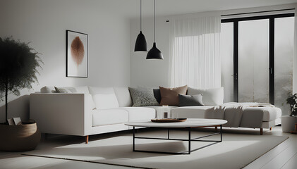 A white corner sofa is strategically positioned near the fireplace in the modern living room, enhancing the overall Scandinavian home interior design