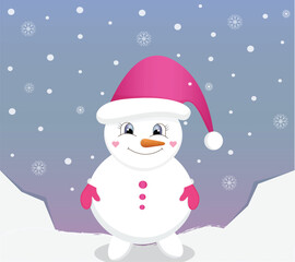 Cute cartoon snowman with a pink hat and mittens. Winter vector illustration on a gradient background with snow and snowflakes.