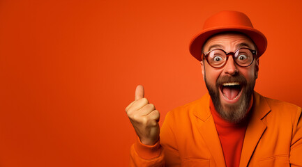 Homme heureux, criant, souriant, bras levés, poings serrés, arrière-plan orange, image avec espace pour texte - obrazy, fototapety, plakaty
