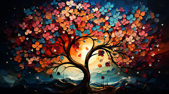 Elegant colorful tree with vibrant leaves hanging branches. 3d abstraction wallpaper
