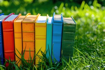Fototapeta premium Various colorful hardcover books on the grass, world book day concept.