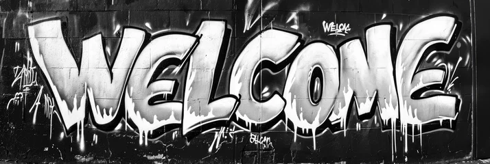 Crédence de cuisine en verre imprimé Graffiti Generative AI, Black and white word Welcome as graffiti symbol on the wall, street art. Melted paint.
