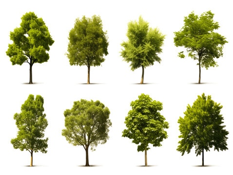 High-quality collection of eight diverse trees with transparent backgrounds, ideal for landscape design or architectural renders.