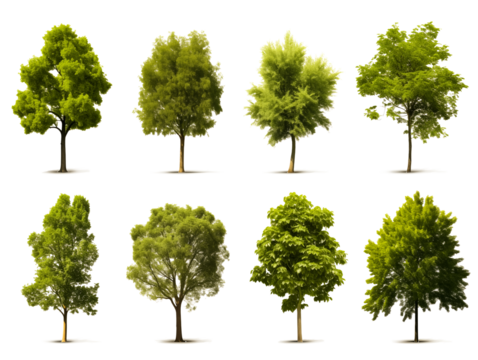 High-quality collection of eight diverse trees with transparent backgrounds, ideal for landscape design or architectural renders.