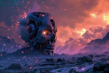 Giant robot head destroyed on the surface of an unknown planet, fantasy concept. - obrazy, fototapety, plakaty