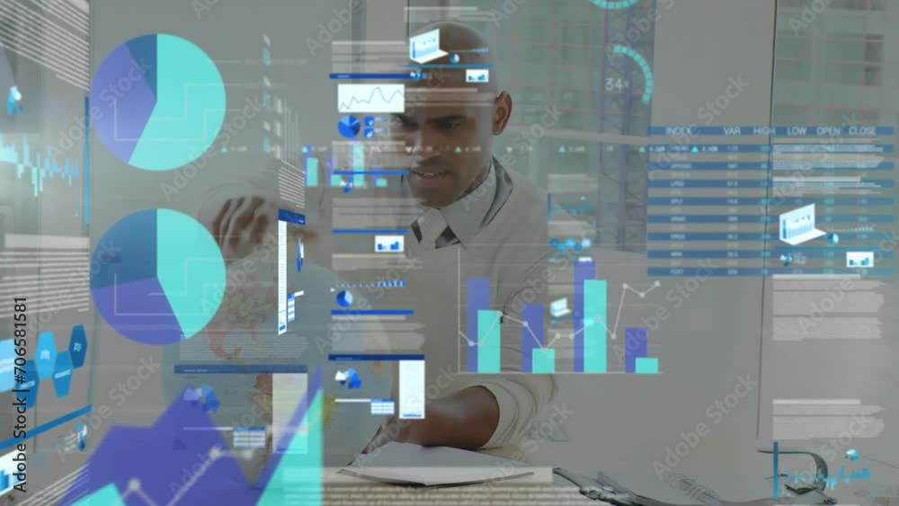 Poster Animation of stock market and data processing with diagrams over biracial man using globe