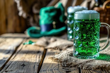 Mug of green beer and elf hat on wooden table, St. Patrick's Day concept. Generative AI