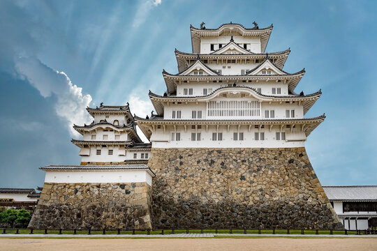 Himeji Castle in Japan.
Immense castle seen with a monumental perspective.