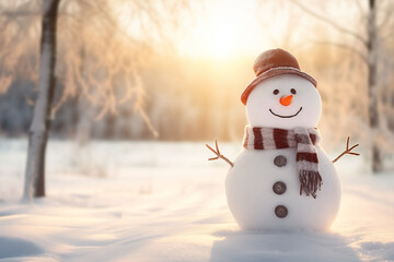 Cute snowman in the woods with scarf and hat at sunset. Holiday Christmas and Happy New Year banner backCute snowman in the woods with scarf and hat at sunset. Holiday Christmas and Happy New Year