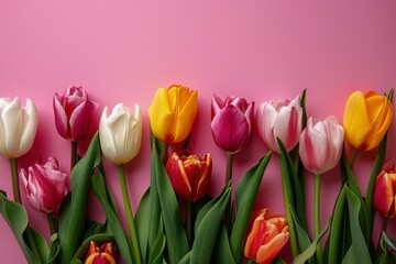 Pink background with beautiful tulips, spring concept.