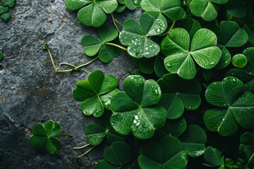 Background with green clover leaves, St. Patrick's Day concept, Irish culture. Generative AI
