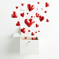 Red hearts coming out of a box, Valentine's Day concept, white background. Generative AI