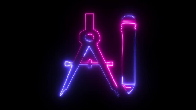 Neon Compas and pencil neon sign and icon. 3D illustration of Compas and pencil in neon light. Concepts of education and choice