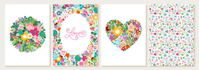 Save the date floral cards collection with hand drawn flowers and plants