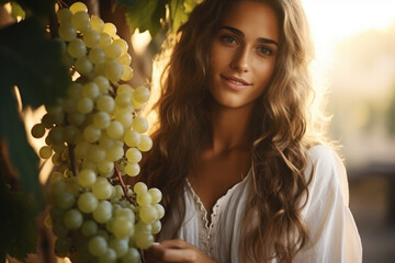 Beautiful young woman with a bunch of grapes in the vineyard