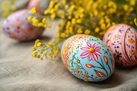 Easter eggs and mimosa flowers on sackcloth, closeup