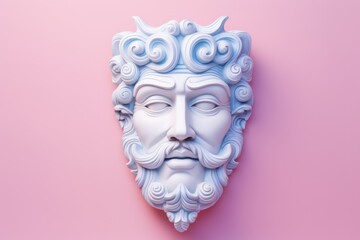 White marble sculpture of a man's face on a pink background.