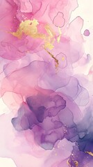 A dreamy watercolor illustration featuring soft, flowing washes of pastel pinks and purples with hints of gold leaf for a touch of shimmer. Vertically oriented. 