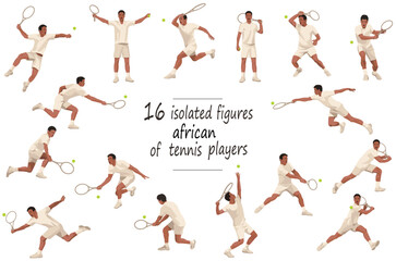 16 figures of black tennis players in classic white equipment in various stances and grips standing, running, rushing, jumping, hitting, serving, receiving the ball