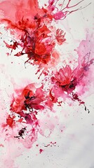 A dynamic, abstract scene created with splashes of watercolor in various shades of reds and pinks. Vertically oriented. 