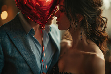 romantic moment between a couple with a shiny red heart shaped balloon. The man is wearing a suit and the woman is wearing a black dress. Romantic atmosphere, love and Valentine's Day