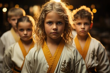 Children's martial arts lesson, five-year-old judokas in a white kimono with a yellow belt. different faces. - obrazy, fototapety, plakaty