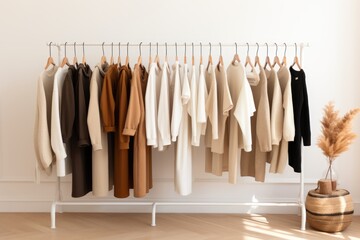 Minimal trendy capsule wardrobe in natural colors for cold weather. Autumn and winter fashion - obrazy, fototapety, plakaty