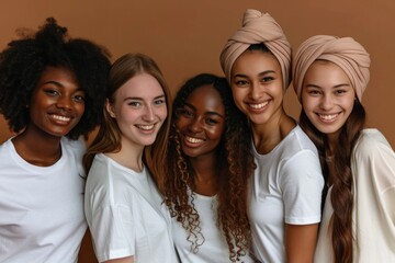 Fototapeta premium Women of various ethnicities dressed in white t-shirts, cultural diversity concept, brown background