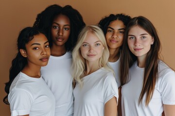 Fototapeta premium Women of various ethnicities dressed in white t-shirts, cultural diversity concept, brown background
