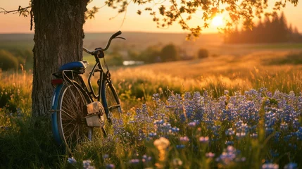 Fotobehang Beautiful landscape with a vintage bicycle on a flowering meadow in the evening atmosphere. © Thanaphon