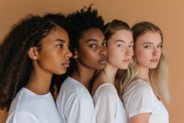 Obraz premium Women of various ethnicities dressed in white t-shirts, cultural diversity concept, brown background