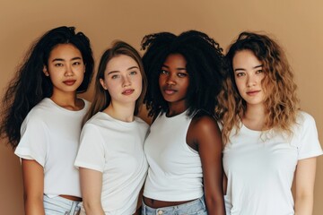 Fototapeta premium Women of various ethnicities dressed in white t-shirts, cultural diversity concept, brown background