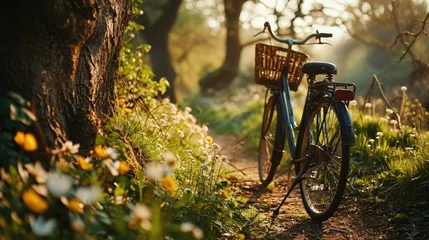 Gordijnen Beautiful landscape with a vintage bicycle on a flowering meadow in the evening atmosphere. © Thanaphon