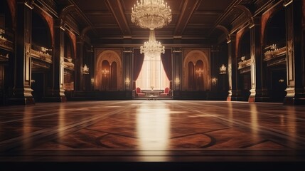Grand hall with chandeliers, ornate columns, crystal chandelier, large windows, and shiny wooden flooring. - Powered by Adobe