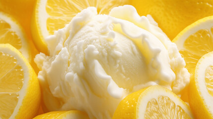 Lemon ice cream. Homemade citrus lemon ice cream with mint close-up - obrazy, fototapety, plakaty