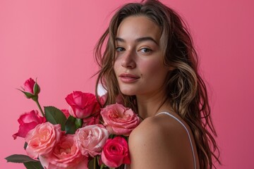 Beautiful young woman holding a bouquet of roses, pink background, women's day concept. Generative AI