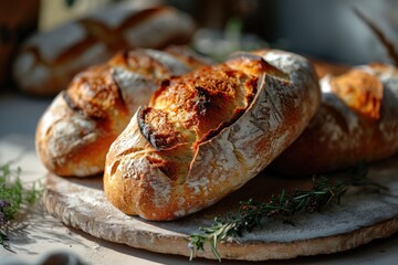 Freshly baked artisan sourdough bread loaves with golden crust on a rustic wooden board, adorned with rosemary.. - obrazy, fototapety, plakaty